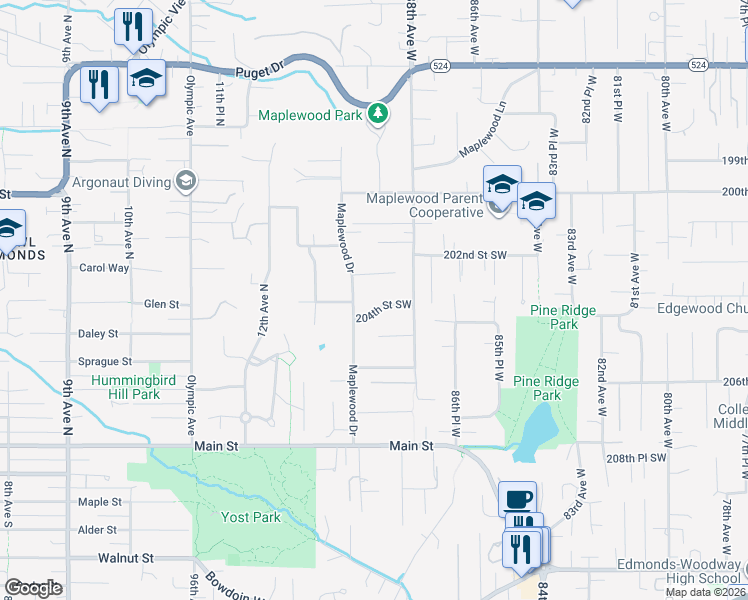 map of restaurants, bars, coffee shops, grocery stores, and more near 20408 88th Avenue West in Edmonds