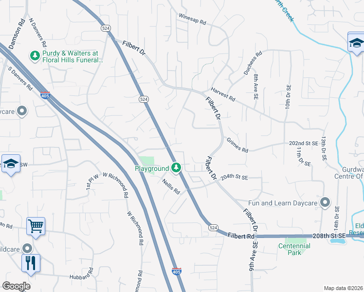 map of restaurants, bars, coffee shops, grocery stores, and more near 320 202nd Street Southeast in Bothell