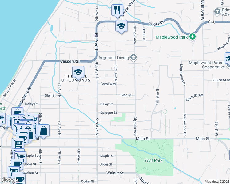 map of restaurants, bars, coffee shops, grocery stores, and more near 1006 Carol Way in Edmonds