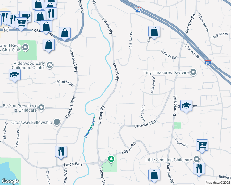map of restaurants, bars, coffee shops, grocery stores, and more near 20120 13th Avenue West in Lynnwood