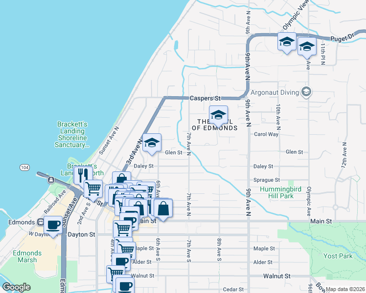 map of restaurants, bars, coffee shops, grocery stores, and more near 603 7th Avenue North in Edmonds