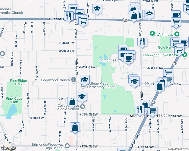 map of restaurants, bars, coffee shops, grocery stores, and more near 20214 73rd Avenue West in Lynnwood