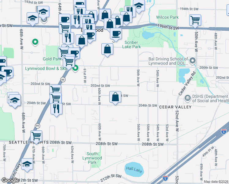 map of restaurants, bars, coffee shops, grocery stores, and more near 5804 202nd Street Southwest in Lynnwood
