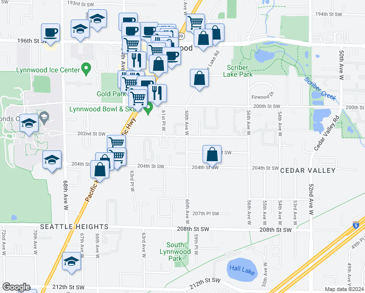 map of restaurants, bars, coffee shops, grocery stores, and more near 6008 202nd Street Southwest in Lynnwood