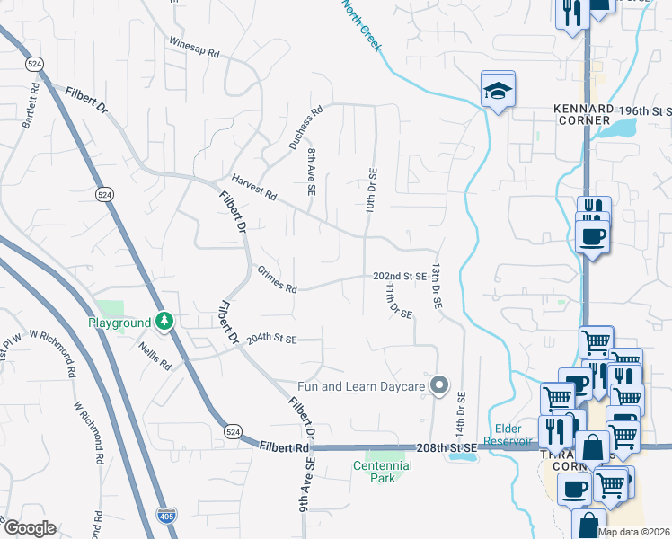 map of restaurants, bars, coffee shops, grocery stores, and more near 815 201st Place Southeast in Bothell