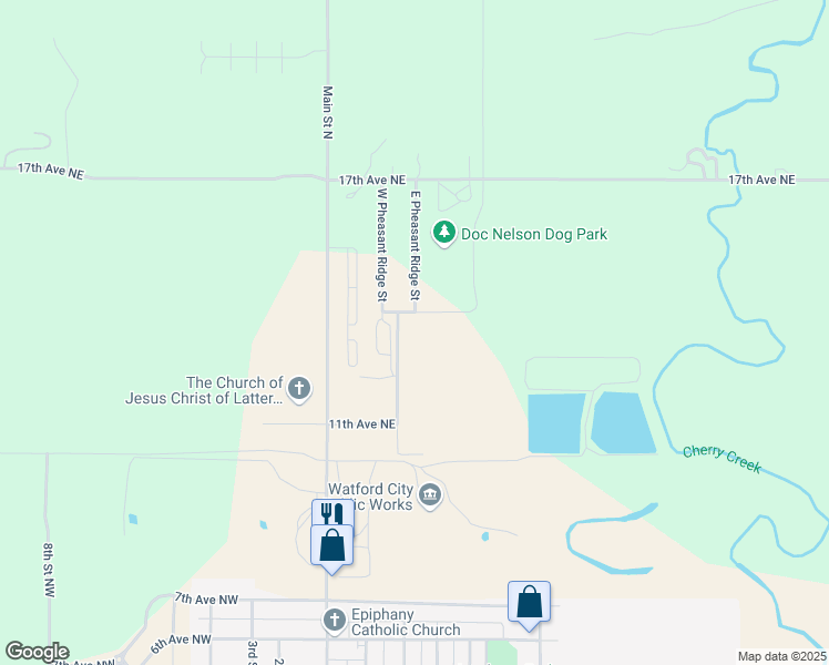 map of restaurants, bars, coffee shops, grocery stores, and more near 1112 South Pheasant Ridge Street in Watford City