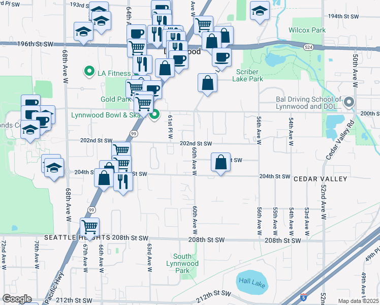 map of restaurants, bars, coffee shops, grocery stores, and more near 6008 202nd Street Southwest in Lynnwood