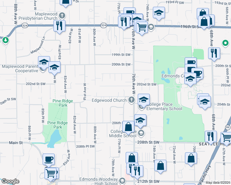 map of restaurants, bars, coffee shops, grocery stores, and more near 7802 202nd Place Southwest in Edmonds