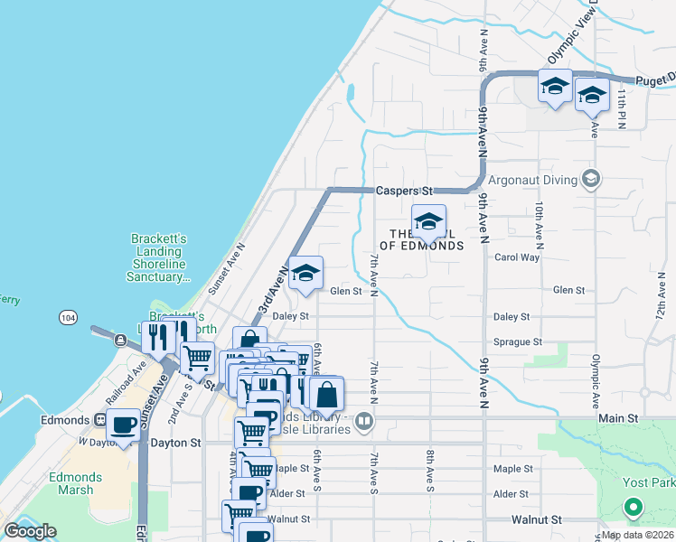 map of restaurants, bars, coffee shops, grocery stores, and more near 702 6th Avenue North in Edmonds