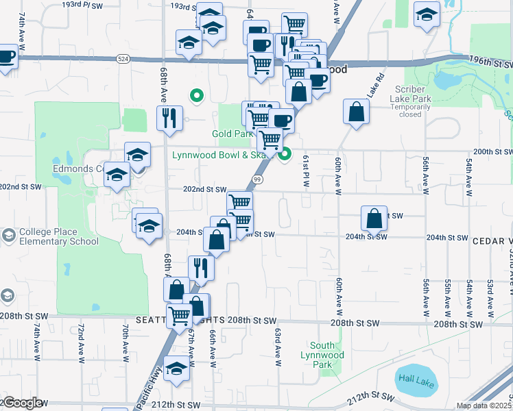 map of restaurants, bars, coffee shops, grocery stores, and more near 6324 202nd Street Southwest in Lynnwood