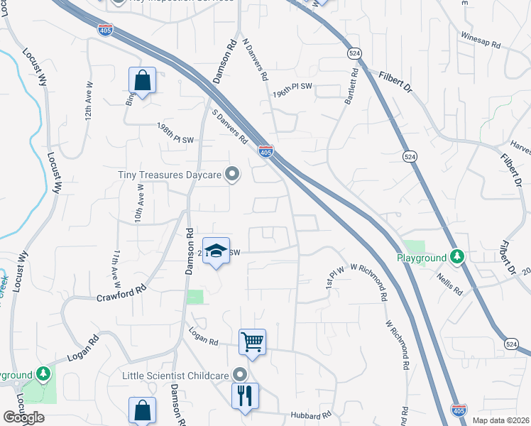 map of restaurants, bars, coffee shops, grocery stores, and more near 425 201st Place Southwest in Lynnwood