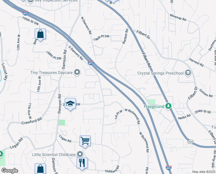 map of restaurants, bars, coffee shops, grocery stores, and more near 213 202nd Street Southwest in Lynnwood