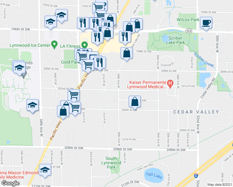 map of restaurants, bars, coffee shops, grocery stores, and more near 6008 202nd Street Southwest in Lynnwood