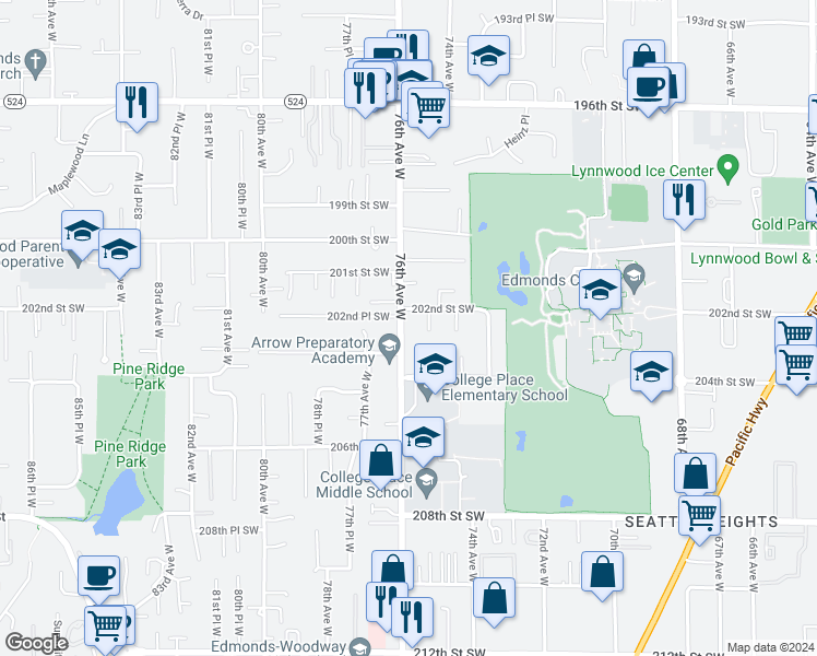 map of restaurants, bars, coffee shops, grocery stores, and more near 20215 76th Avenue West in Lynnwood