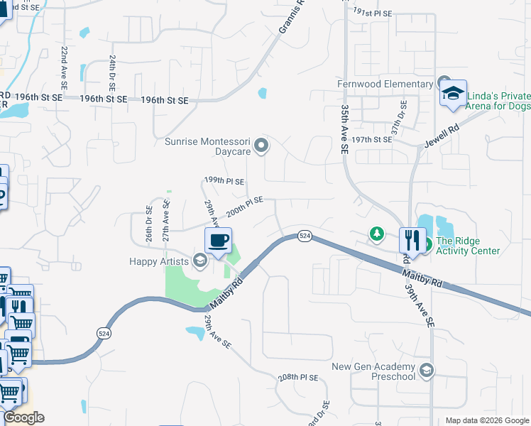 map of restaurants, bars, coffee shops, grocery stores, and more near 3024 200th Place Southeast in Bothell