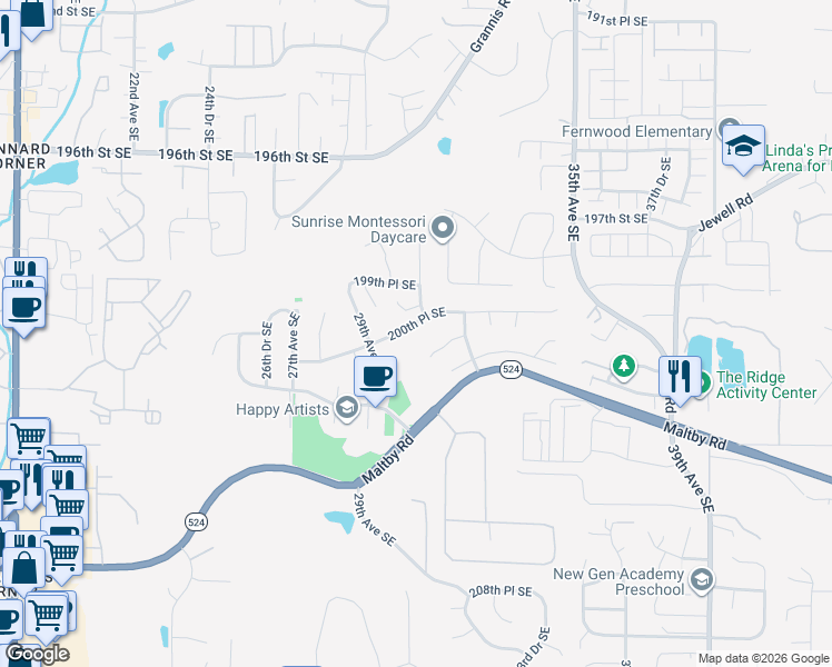 map of restaurants, bars, coffee shops, grocery stores, and more near 3024 200th Place Southeast in Bothell