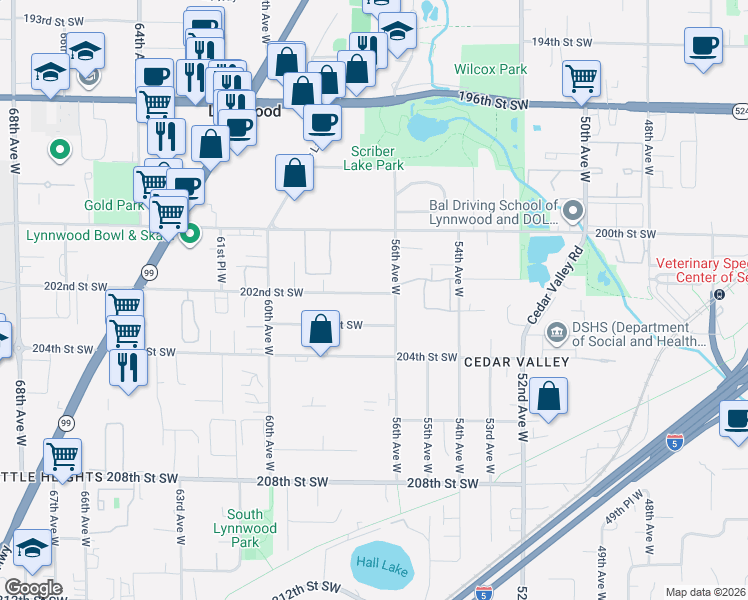 map of restaurants, bars, coffee shops, grocery stores, and more near 5628 202nd Street Southwest in Lynnwood