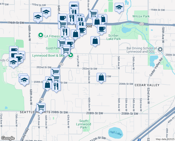 map of restaurants, bars, coffee shops, grocery stores, and more near 6008 202nd Street Southwest in Lynnwood