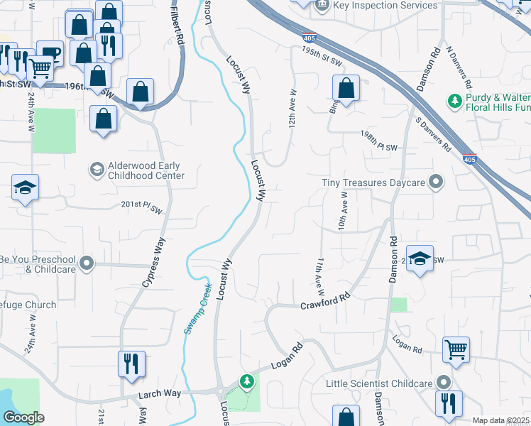 map of restaurants, bars, coffee shops, grocery stores, and more near 20120 13th Avenue West in Lynnwood