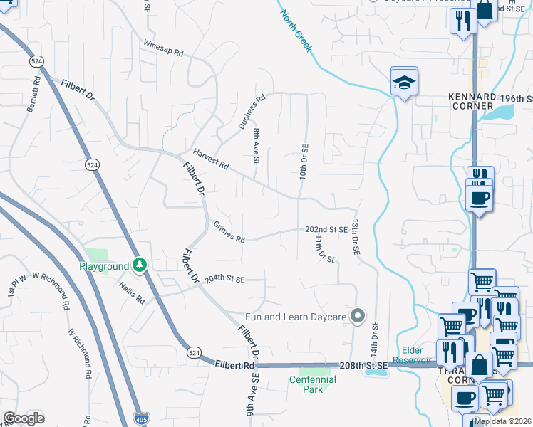 map of restaurants, bars, coffee shops, grocery stores, and more near 815 201st Place Southeast in Bothell