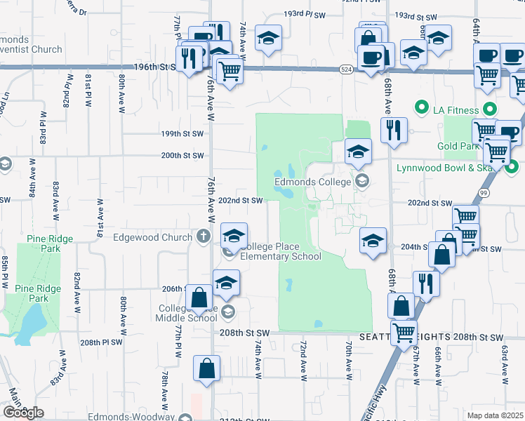 map of restaurants, bars, coffee shops, grocery stores, and more near 20214 73rd Avenue West in Lynnwood
