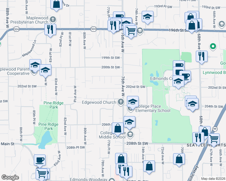 map of restaurants, bars, coffee shops, grocery stores, and more near 7702 202nd Place Southwest in Edmonds