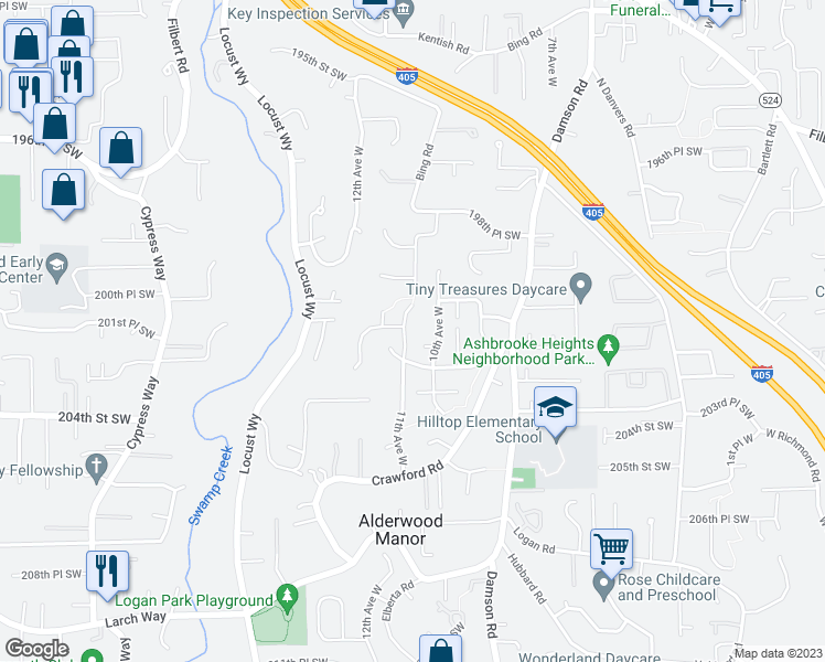 map of restaurants, bars, coffee shops, grocery stores, and more near 20101 11th Avenue West in Lynnwood