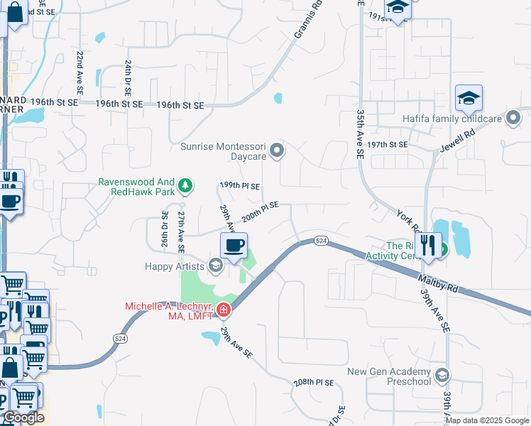 map of restaurants, bars, coffee shops, grocery stores, and more near 3024 200th Place Southeast in Bothell