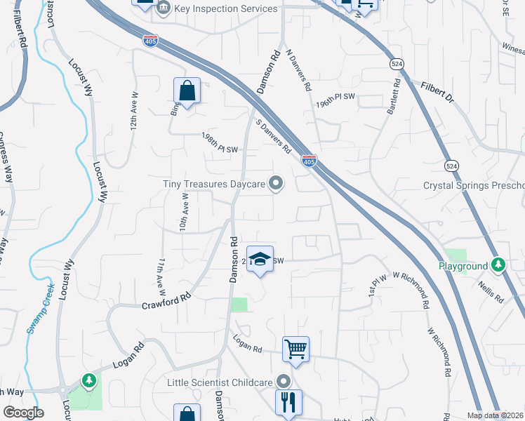 map of restaurants, bars, coffee shops, grocery stores, and more near 20122 7th Avenue West in Lynnwood