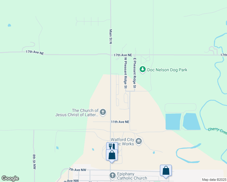 map of restaurants, bars, coffee shops, grocery stores, and more near 1306 Main Street North in Watford City