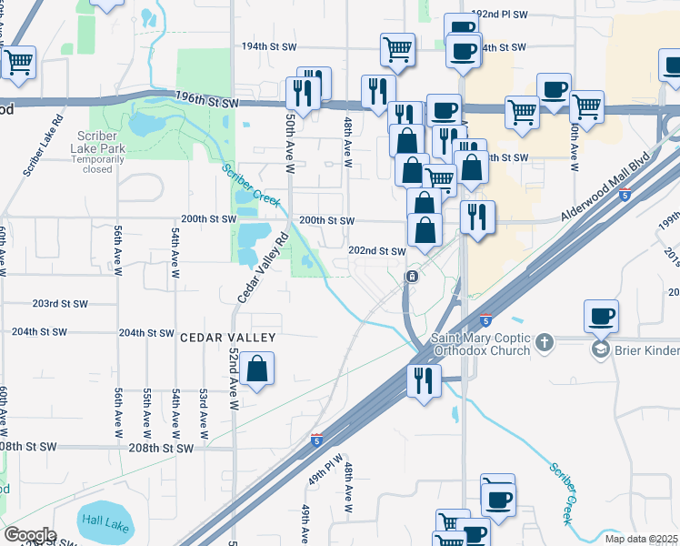 map of restaurants, bars, coffee shops, grocery stores, and more near 20128 48th Avenue West in Lynnwood