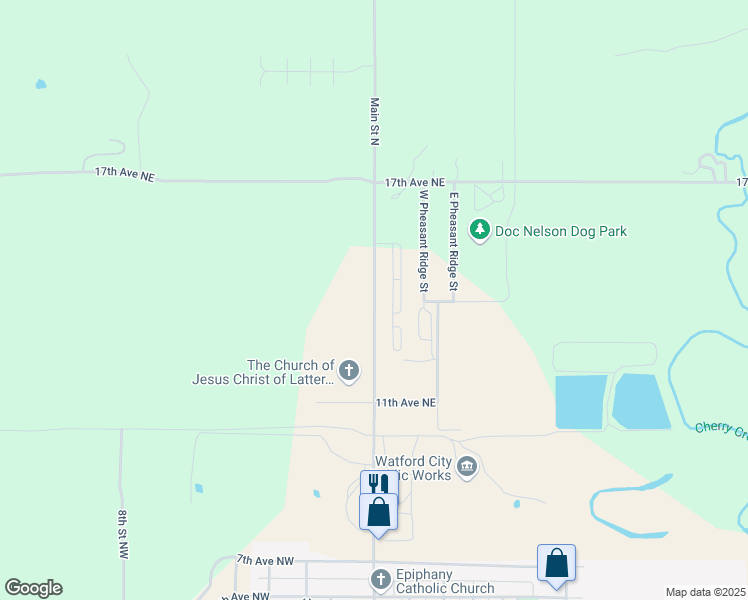 map of restaurants, bars, coffee shops, grocery stores, and more near 1218 Main Street North in Watford City