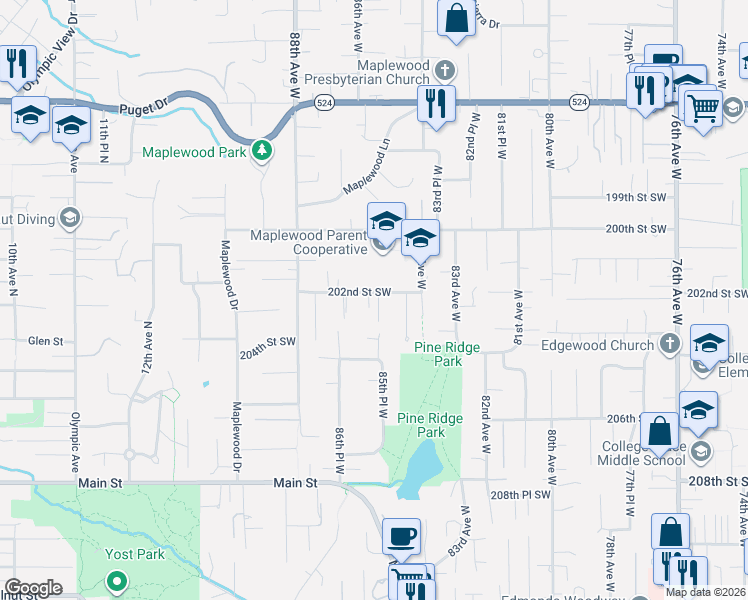 map of restaurants, bars, coffee shops, grocery stores, and more near 8520 202nd Street Southwest in Edmonds