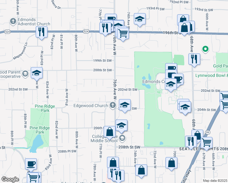 map of restaurants, bars, coffee shops, grocery stores, and more near 20215 76th Avenue West in Lynnwood
