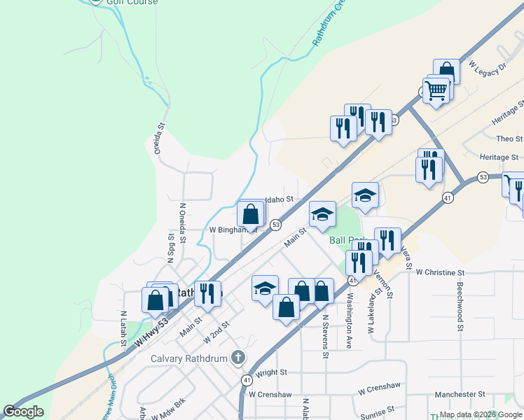 map of restaurants, bars, coffee shops, grocery stores, and more near 15851 North Roosevelt Street in Rathdrum