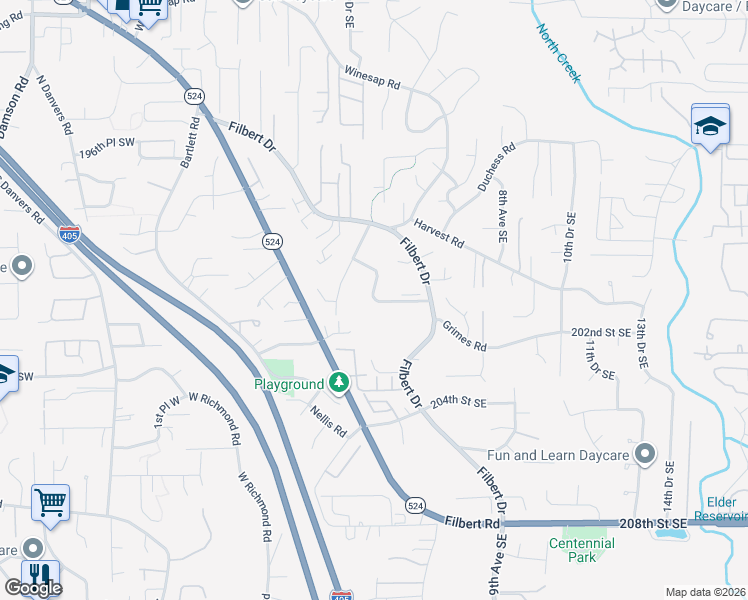 map of restaurants, bars, coffee shops, grocery stores, and more near 308 201st Street Southeast in Bothell