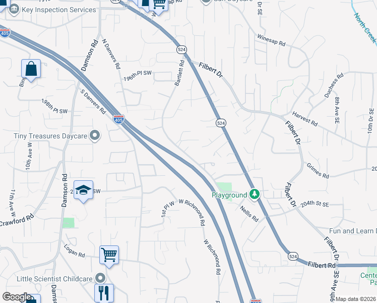 map of restaurants, bars, coffee shops, grocery stores, and more near 12 200th Place Southeast in Bothell