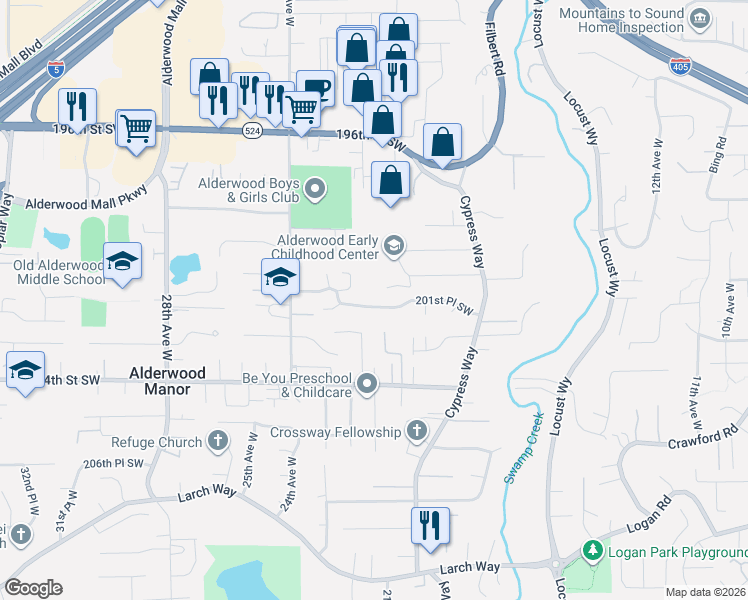 map of restaurants, bars, coffee shops, grocery stores, and more near 2111 201st Place Southwest in Lynnwood