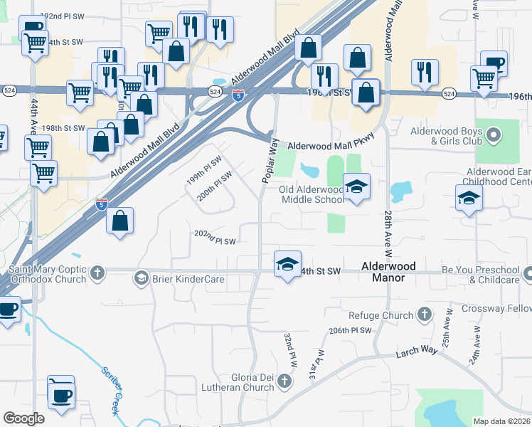 map of restaurants, bars, coffee shops, grocery stores, and more near 20126 33rd Place West in Lynnwood