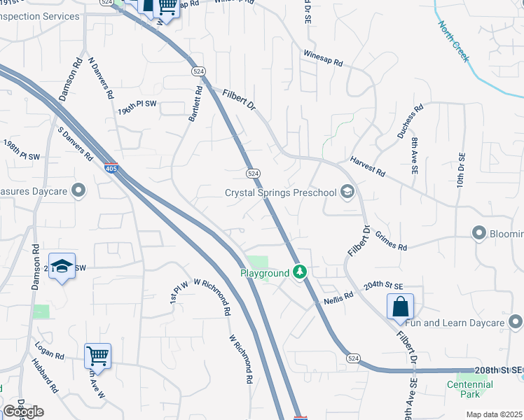 map of restaurants, bars, coffee shops, grocery stores, and more near 19924 Filbert Road in Bothell