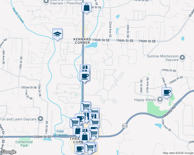map of restaurants, bars, coffee shops, grocery stores, and more near 2115 201st Place Southeast in Bothell