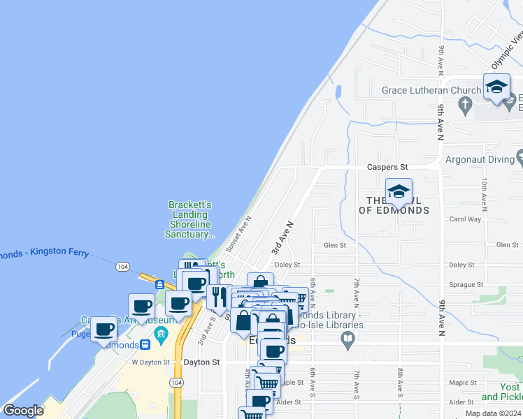 map of restaurants, bars, coffee shops, grocery stores, and more near 376 Sunset Avenue North in Edmonds