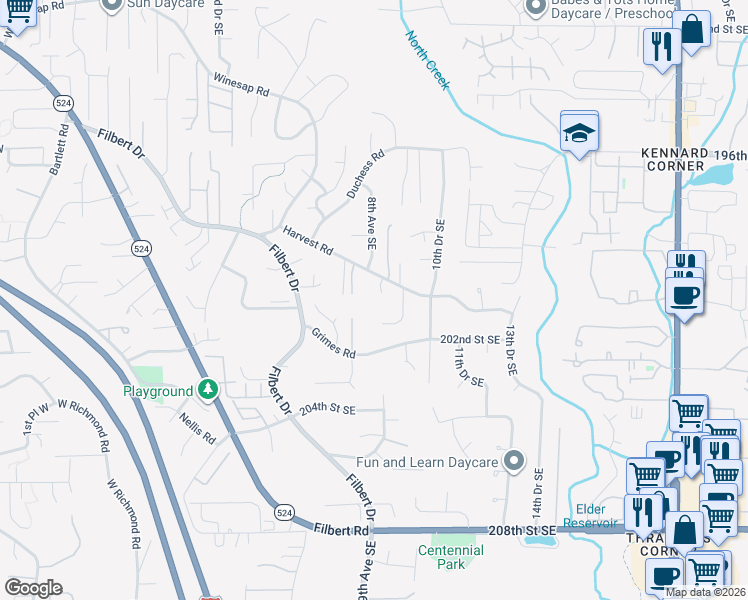 map of restaurants, bars, coffee shops, grocery stores, and more near 815 201st Place Southeast in Bothell