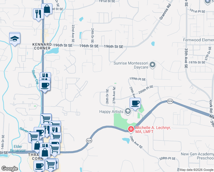 map of restaurants, bars, coffee shops, grocery stores, and more near 20033 26th Drive Southeast in Bothell