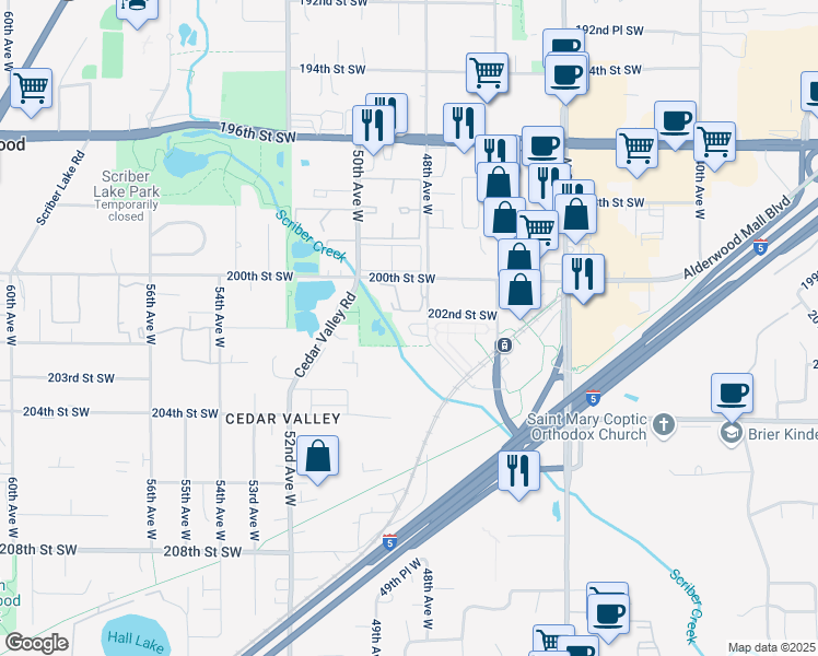 map of restaurants, bars, coffee shops, grocery stores, and more near 20128 48th Avenue West in Lynnwood