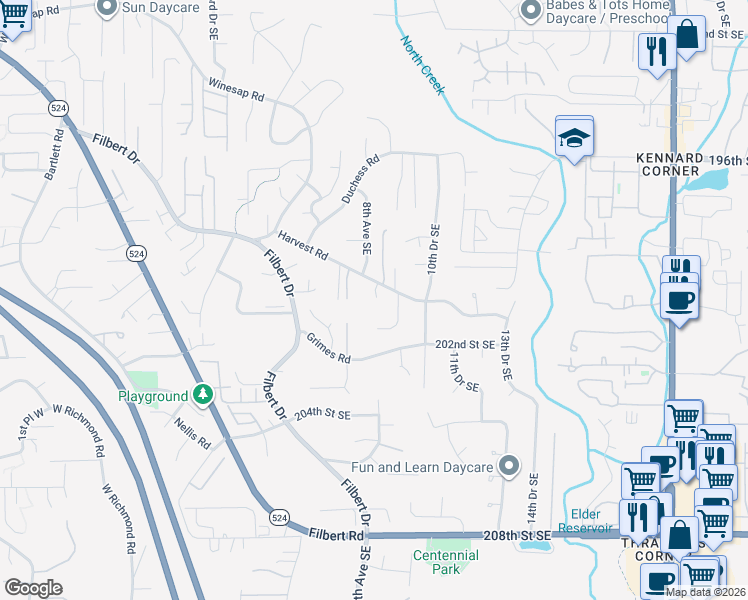 map of restaurants, bars, coffee shops, grocery stores, and more near 815 201st Place Southeast in Bothell