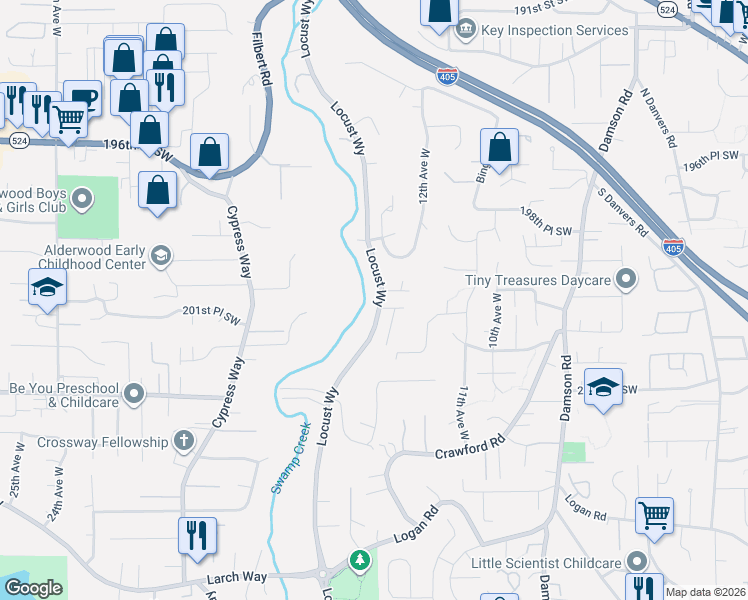 map of restaurants, bars, coffee shops, grocery stores, and more near 20120 13th Avenue West in Lynnwood