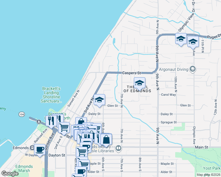 map of restaurants, bars, coffee shops, grocery stores, and more near 623 Aloha Way in Edmonds