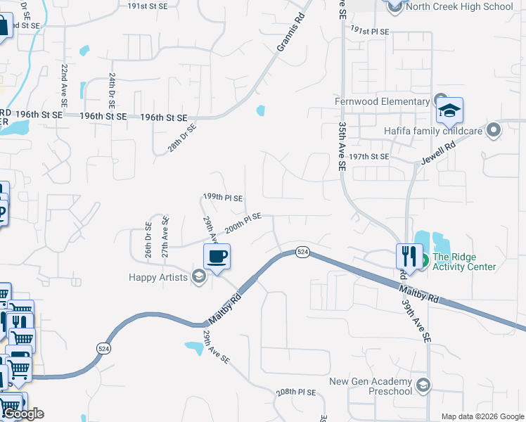 map of restaurants, bars, coffee shops, grocery stores, and more near 3115 200th Place Southeast in Bothell