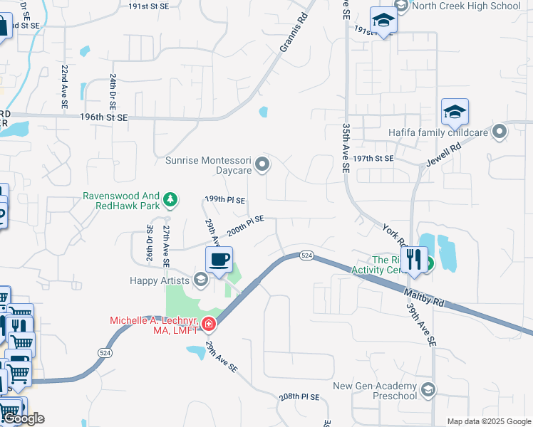 map of restaurants, bars, coffee shops, grocery stores, and more near 3115 200th Place Southeast in Bothell
